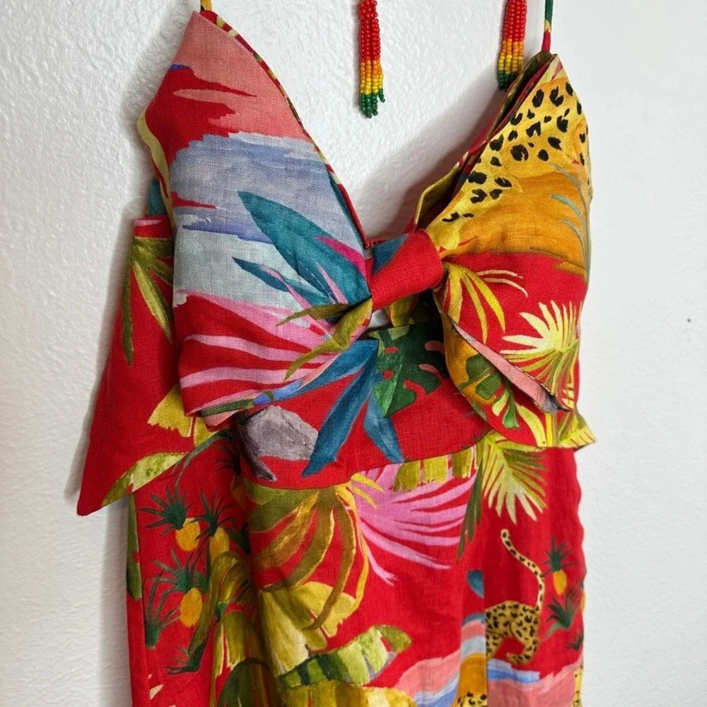 NWOT Farm Rio‎ Tropical Leopard Print Midi Dress Bow Neck Beaded Straps Size M